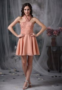Latest Halter Mini-length Chiffon Prom Gown with Ruching