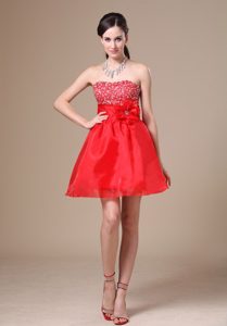 Red Mini-length Prom Gown with Beading and Hand Made Flower