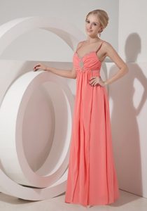 Elegant Straps Watermelon Chiffon Prom Dress with Beading