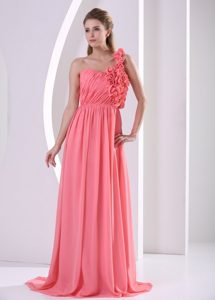One Shoulder Watermelon Hand Made Flowers Prom Gown With Ruching