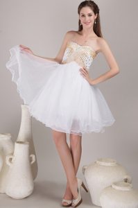 White and Gold A-line weetheart Knee-length Organza Prom Dress with Beading