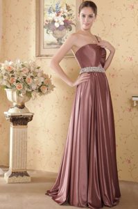 Empire One Shoulder Brush Train Elastic Woven Satin Prom Dress with Beading