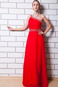 Beaded One Shoulder and Waist Red Chiffon Long Prom Evening Dress