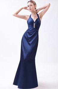 Navy Blue Column Halter Floor-length Taffeta Prom Dress with Beading