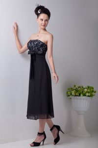 Alhambra CA Sash Accent Black Tea Length Chiffon Prom Evening Dress
