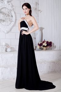 Beaded Black Chiffon Prom Evening Dress with Brush Train for Cheap