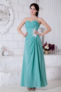 Turquoise Ankle Length Prom Evening Dress with Appliques and Ruches
