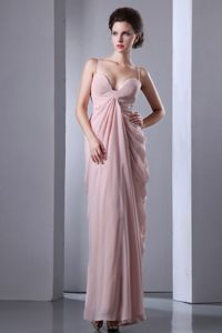 Ruched Pink Ankle Length Prom Evening Dress with Spaghetti Straps