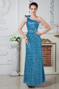 Beaded Teal One Shoulder Prom Evening Dress with Sequins Over Skirt