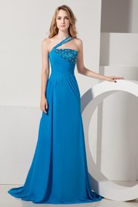 Blue A-line One Shoulder Brush Train Chiffon Prom Dress with Beading