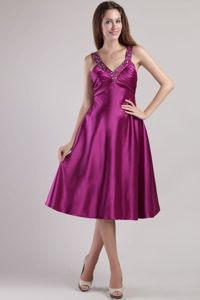Fuchsia Tea Length V-neck Prom Gown Dress with Beading and Ruches