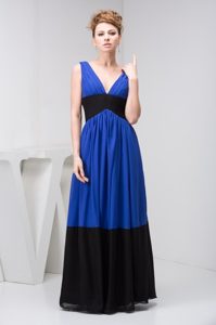 Black and Blue Empire Long Prom Gown Dress with V-neck and Ruches