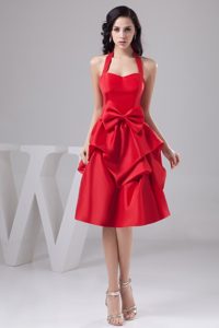 Beautiful Red Halter Prom Gown Dress with Bowknot and Pick ups