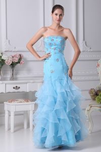 Aqua Blue Mermaid Strapless Ruffles Organza Prom Gown