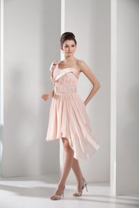 Beaded and Ruched Peach Asymmetrical Chiffon Prom Gown Dress 2013