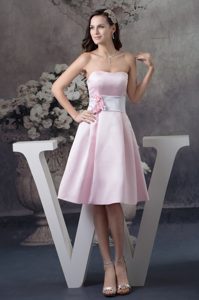 Flowers Accent Baby Pink Prom Gown Dress of Knee Length for Cheap