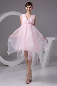 Baby Pink Organza Asymmetrical Prom Gowns with V-neck and Appliques