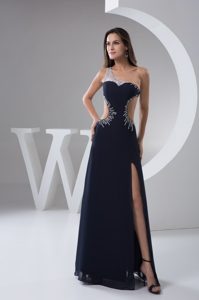 Navy Blue Chiffon One Shoulder Prom Gowns with Beading and High Slit