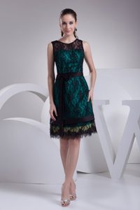 Dark Green and Black Lace Prom Dresses with Knee Length and Scoop