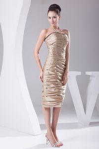 Champagne Taffeta Column Prom Dresses with Tea Length and Ruches