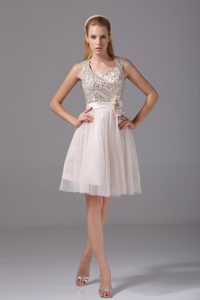 Champagne Tulle Mini Prom Dresses with Sequins and Flowers 2013