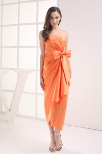 Bowknot Accent Orange Strapless Prom Dresses of Ankle Length 2013