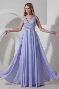 Lilac Empire Chiffon Long Prom Dress with V-neck and Beading
