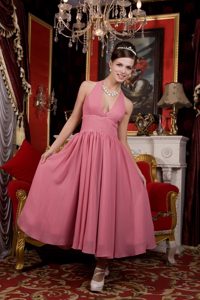 Light Pink Princess Halter Tea-length Beading Prom Homecoming Dress