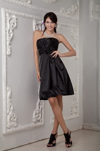 Black A-line Strapless Prom Dress with Ruches and Hand-made Flowers
