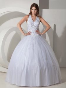 Halter Ball Gown Floor-length Beading Quinceanera Dress in White