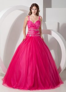 Spaghetti Straps Hot Pink Ball Gown Tulle Quinceanera Dress with Beading
