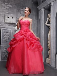 Coral Red Sweetheart Beading and Ruched Dresses For 15