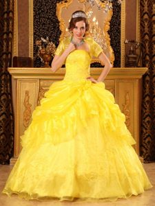 Appliques Strapless Ruffled Yellow Pick-ups Quinceanera Dress