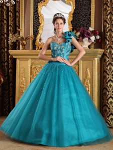 Teal A-Line One Shoulder Floor-length Beading Quinceanera Dress