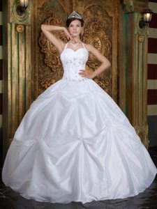 Halter Beading Sweetheart Pick-ups White Quinceanera Dress