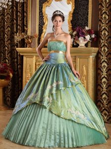 Pleated Olive Green Strapless Appliques Quinceanera Dress