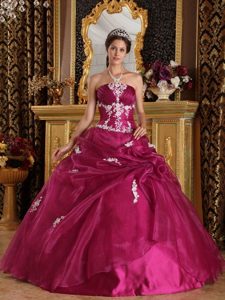Strapless Fuchsia Ball Gown with Appliques for Quinceanera