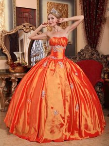 Orange Red Ruching Strapless Appliques Quinceanera Dress