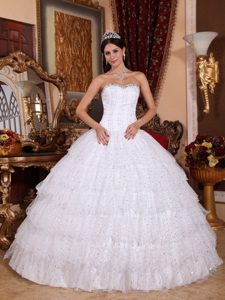 White Beaded Strapless Sweet 15 Dresses with Layered Ruffles