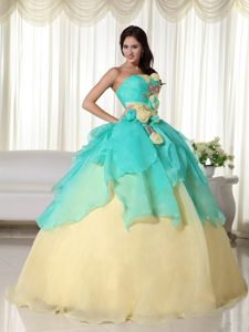 Teal and Yellow Ball Gown Strapless Quinceanera Dress with Hand Craft