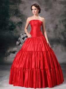 Strapless Red Ball Gown Ruched Sweet Sixteen Quinceanera Dresses