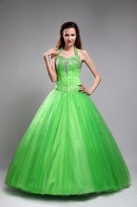 Halter Top Green Ball Gown Beading Quinceanera Dress