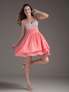 Hot Sale Fitted Beaded Straps Watermelon Puffy Short Junior Prom