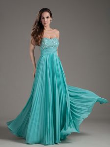 Empire Pleated Beaded Floor-length Turquoise Formal Prom Dress