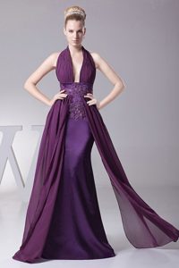 Deep V Neck Prom Dress with Halter Ruching and Appliques in Purple