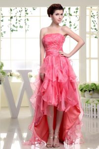 Coral Red High-low Organza Dresses for Prom Queen with Ruffles