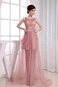Beaded Decorated Waist Scoop Court Train Prom Dress in Pink