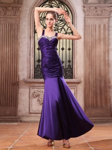Purple Mermaid Straps Prom Dress with Beaded and Ruching to Ankle