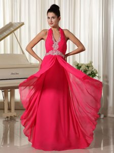 Coral Red Chiffon Halter Waist Appliques Prom Dress with Zipper-up