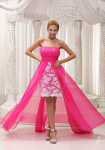 Hot Pink High-low Ruching for Prom Dress Made in Lace and Chiffon